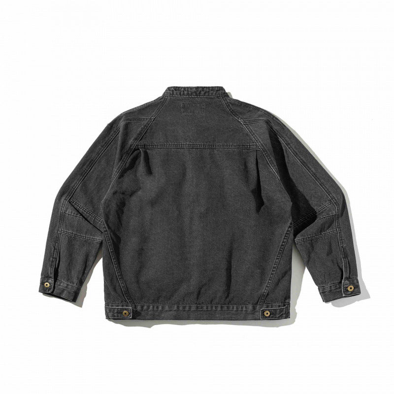 Unisex Boxige Denim‑Hemdjacke im Worker‑Look mit Stehkragen, Raglanärmeln und Brust‑Welttasche Shop Nory