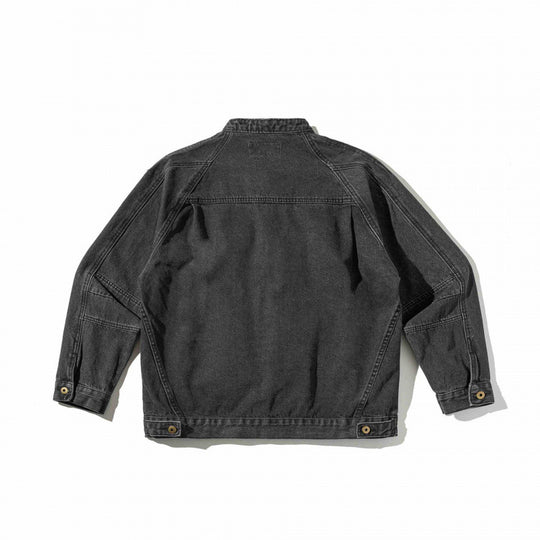 Unisex Boxige Denim‑Hemdjacke im Worker‑Look mit Stehkragen, Raglanärmeln und Brust‑Welttasche Shop Nory