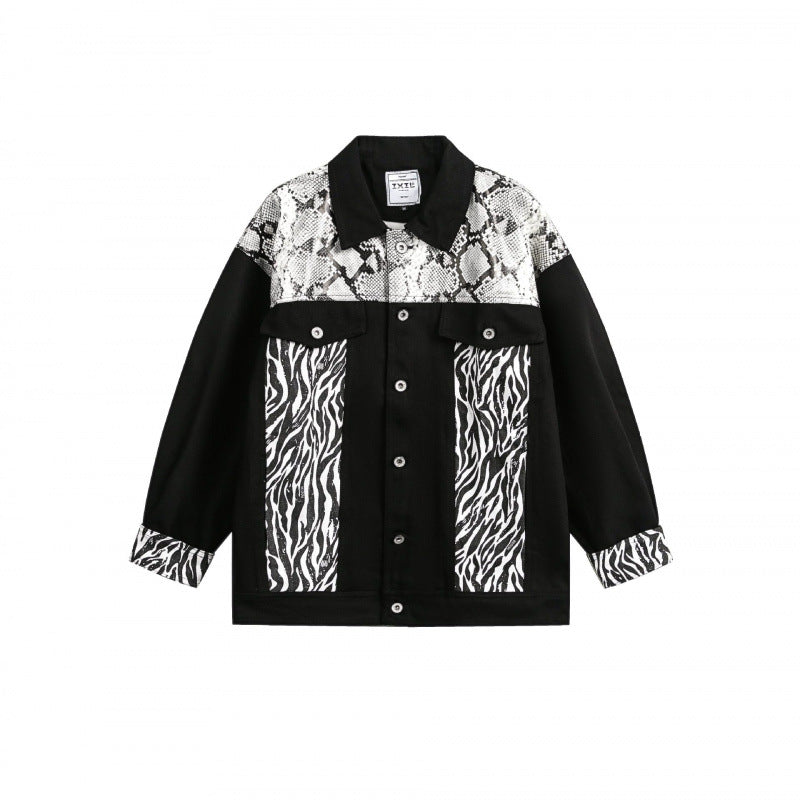 Damen Oversize-Jeansjacke im Patchwork-Tierprint mit Reverskragen und Pattentaschen Shop Nory