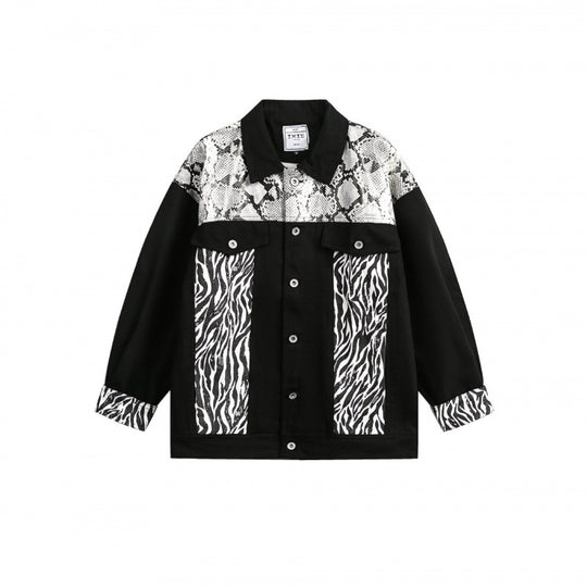 Damen Oversize-Jeansjacke im Patchwork-Tierprint mit Reverskragen und Pattentaschen Shop Nory