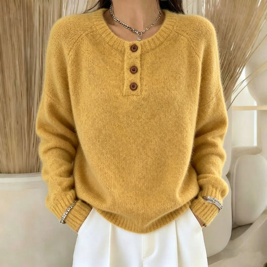 Damen Kuscheliger Rundhals-Henley-Pullover mit Knopfleiste und Raglanärmeln Shop Nory
