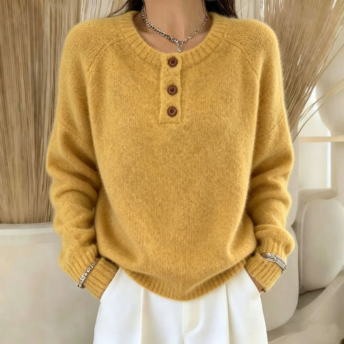 Damen Kuscheliger Rundhals-Henley-Pullover mit Knopfleiste und Raglanärmeln Shop Nory