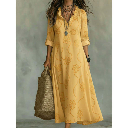 Damen Langes Boho-Maxikleid mit Blumenstickerei und V‑Ausschnitt Shop Nory