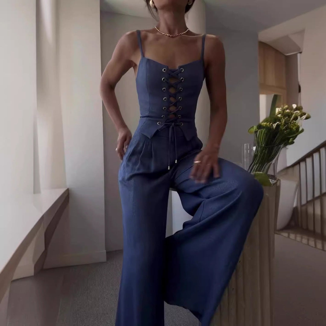 Damen Jumpsuit mit femininer Schnürung und weit geschnittenem Bein