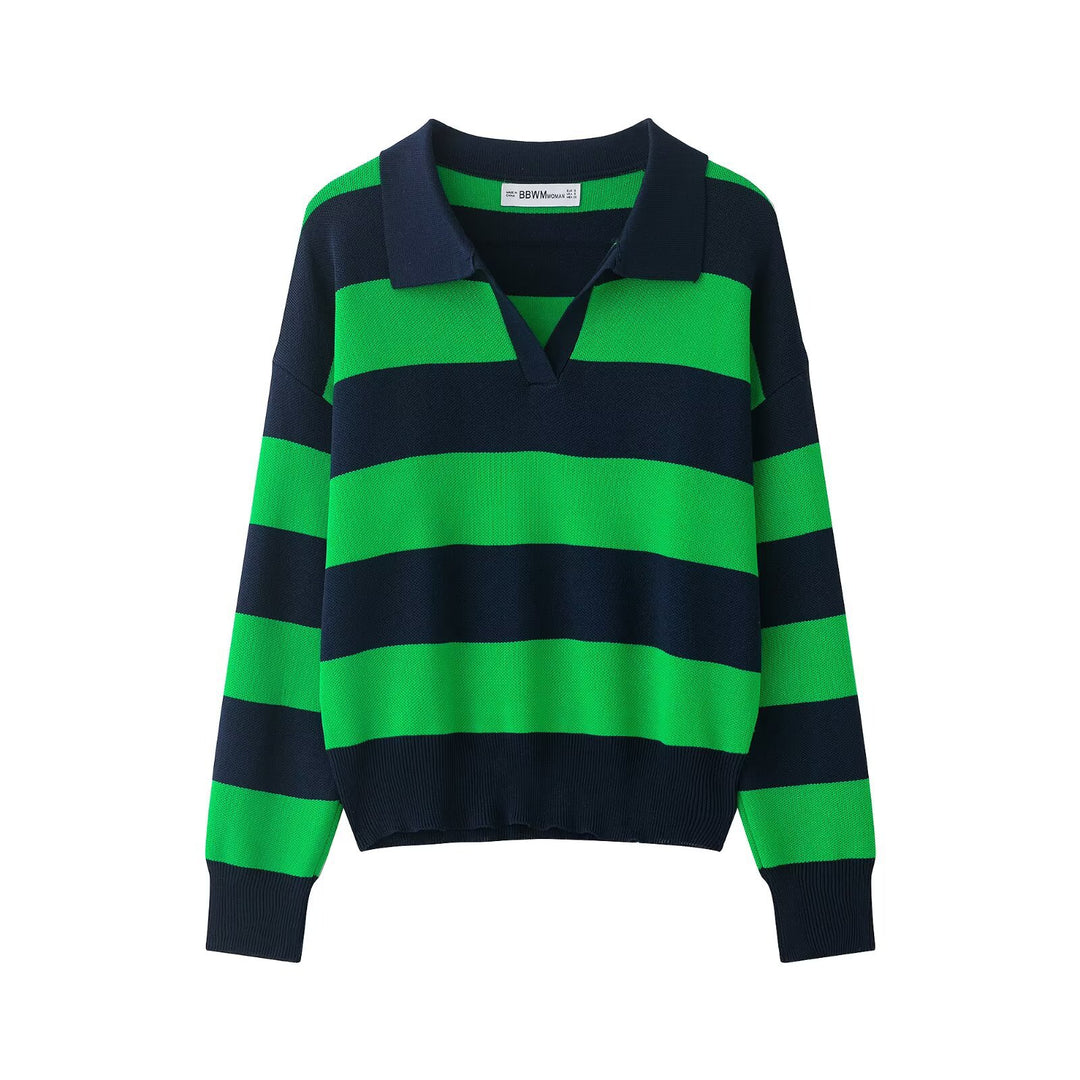 Damen Gestreifter Oversize-Rugby-Pullover mit Polokragen und V-Ausschnitt Shop Nory