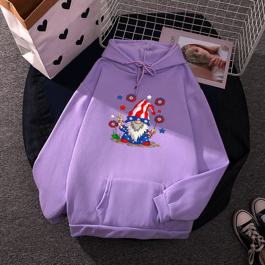 Damen nan Kapuzenpullover mit patriotischem Gartenzwerg-Print, angerautem Fleece-Innenfutter, Oversize-Schnitt und Kängurutasche Shop Nory