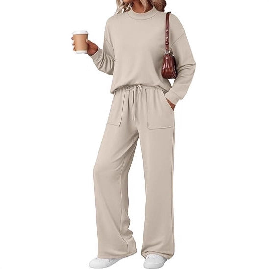 Damen Loungewear-Zweiteiler aus weichem Jersey mit Rundhalsausschnitt und weitem Kordelzug-Hose Shop Nory