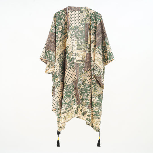 Damen Kaftan-Überwurf mit Patchwork-Blumenprint und Quasten Shop Nory