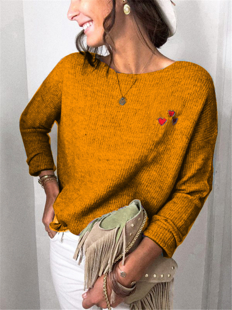 Damen Leichter Feinstrickpullover mit U-Boot-Ausschnitt, lockerem Sitz und Herzstickerei Shop Nory