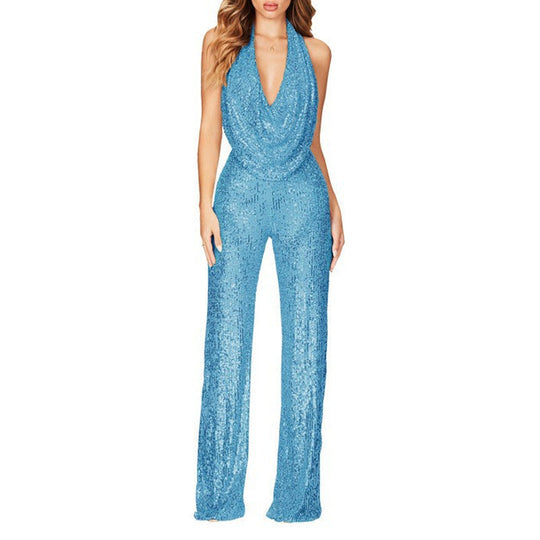 Damen Glitzerndes Jumpsuit mit tiefem V-Ausschnitt und weitem Bein