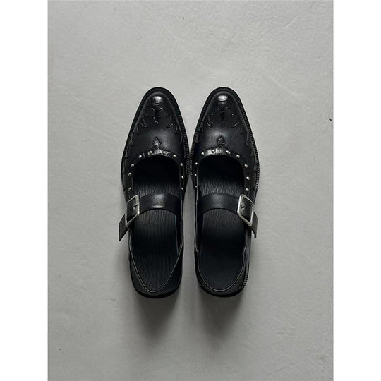 Damen Spitzer Mary-Jane-Loafer mit Schnallenriemen, Nietenbesatz und geprägtem Flammenmotiv Shop Nory