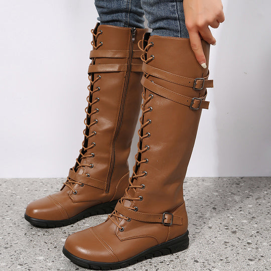 Damen Kniehohe Schnürstiefel im Military‑Look mit Doppelriemen und seitlichem Reißverschluss Shop Nory