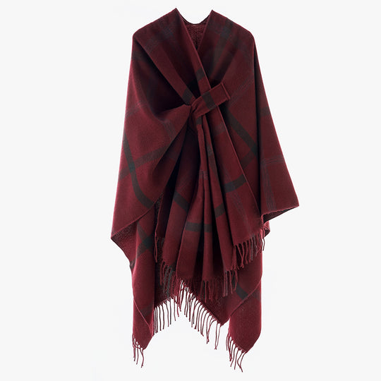 Damen Cape‑Poncho mit integriertem Bindegürtel, kastiger Oversize‑Silhouette und Fransensaum Shop Nory