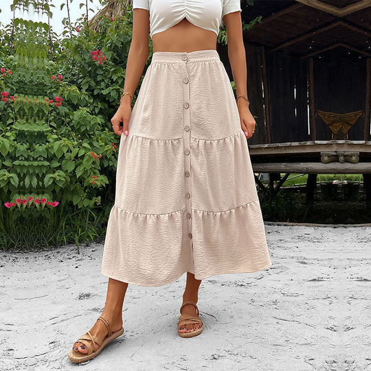 Damen Stufen-Midirock mit durchgehender Knopfleiste und hohem Bund Shop Nory