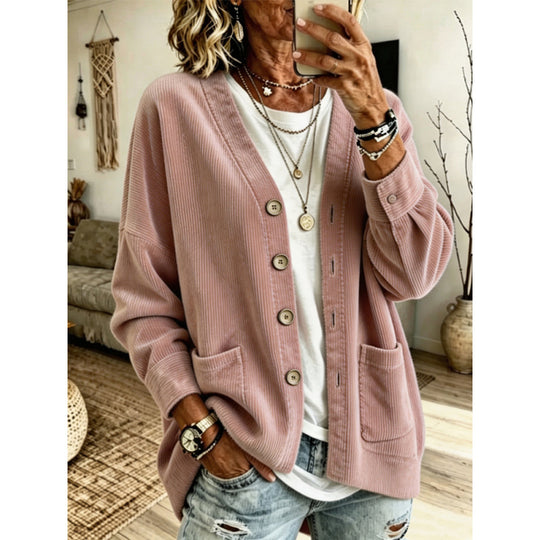 Damen Oversized Cord-Cardigan mit aufgesetzten Taschen und Holzknöpfen Shop Nory