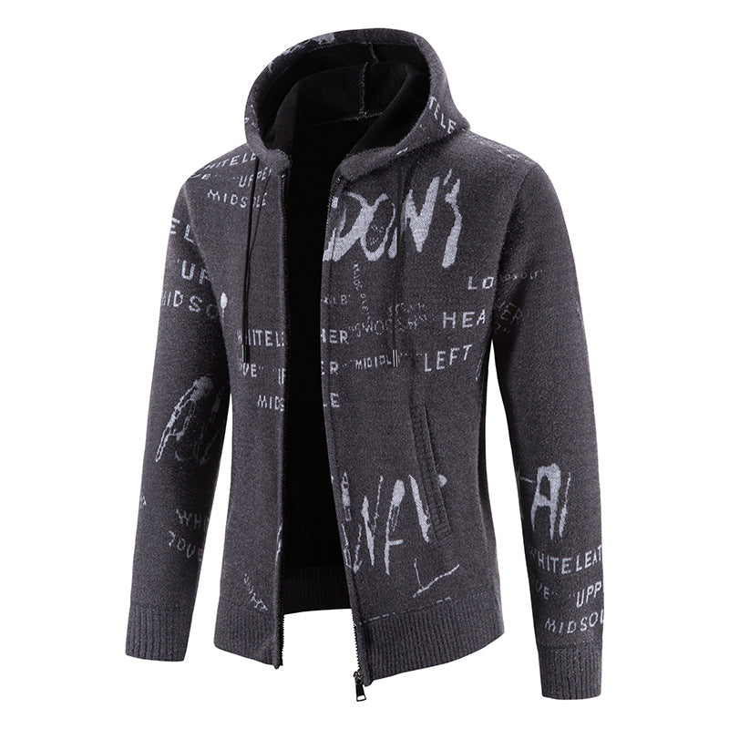 Herren Strick-Kapuzenjacke mit durchgehendem Reißverschluss, grafischem Allover-Print und Eingrifftaschen Shop Nory