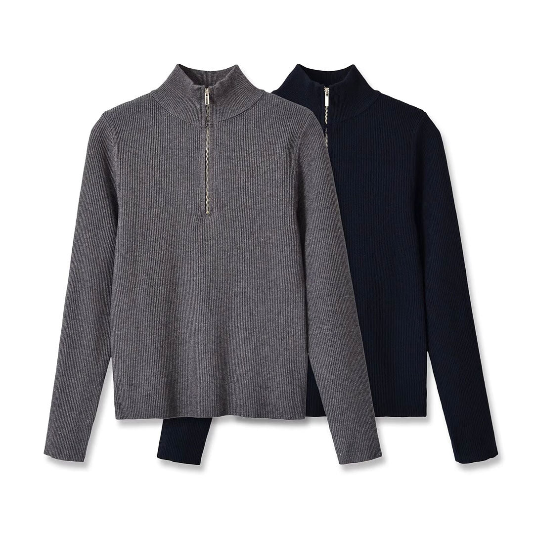 Damen Gerippter Halbzip-Strickpullover mit Stehkragen Shop Nory