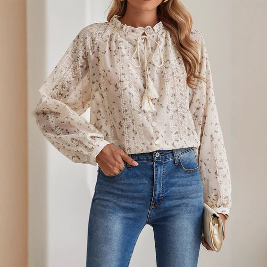 Damen Boho-Spitzenbluse mit Stickerei, V-Ausschnitt, Quasten & Ballonärmeln Shop Nory