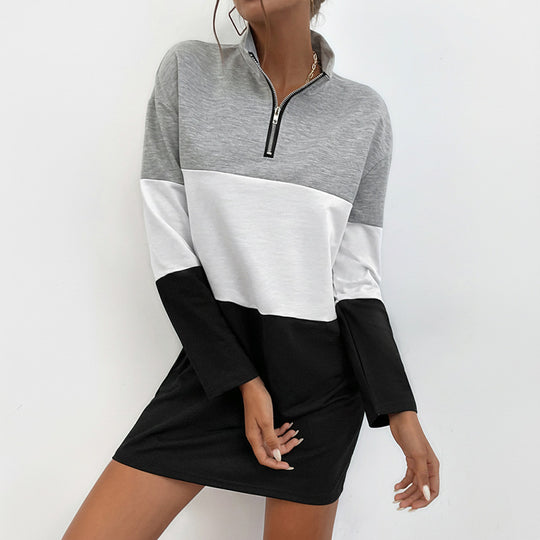 Damen Colorblock-Kurzkleid mit Stehkragen und Halbreißverschluss Shop Nory