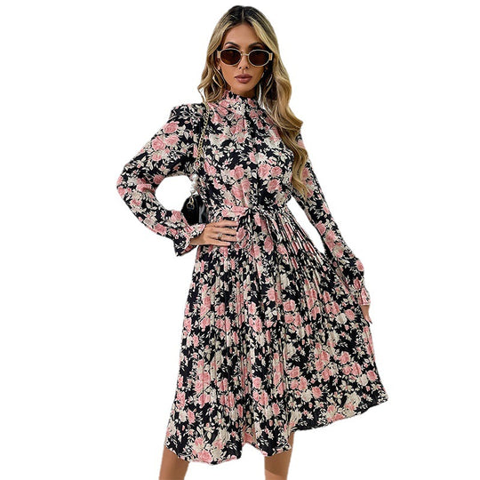 Damen Midikleid mit Blumenprint, Plissée‑Rock, Stehkragen und Bindegürtel Shop Nory