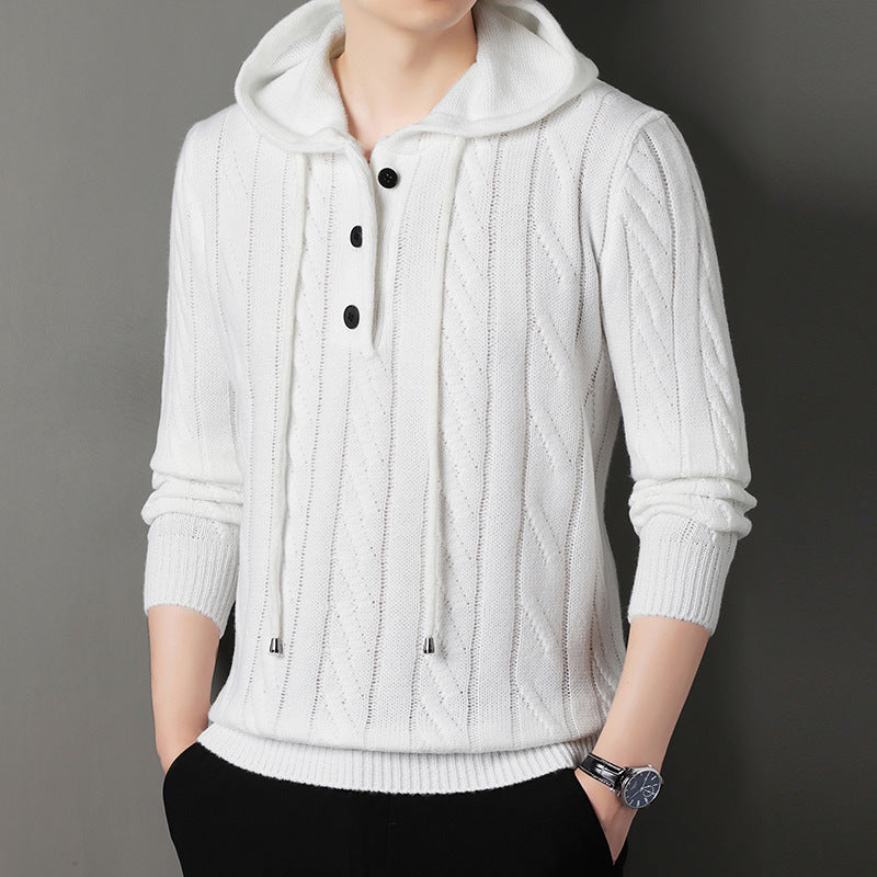 Herren Feinstrick-Kapuzenpullover mit Zopfmuster, Halbknopfblende und Kordelzug Shop Nory