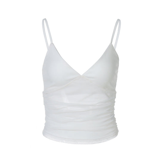 Damen Spaghetti-Träger Blusenoberteil mit transparenter Drapierung