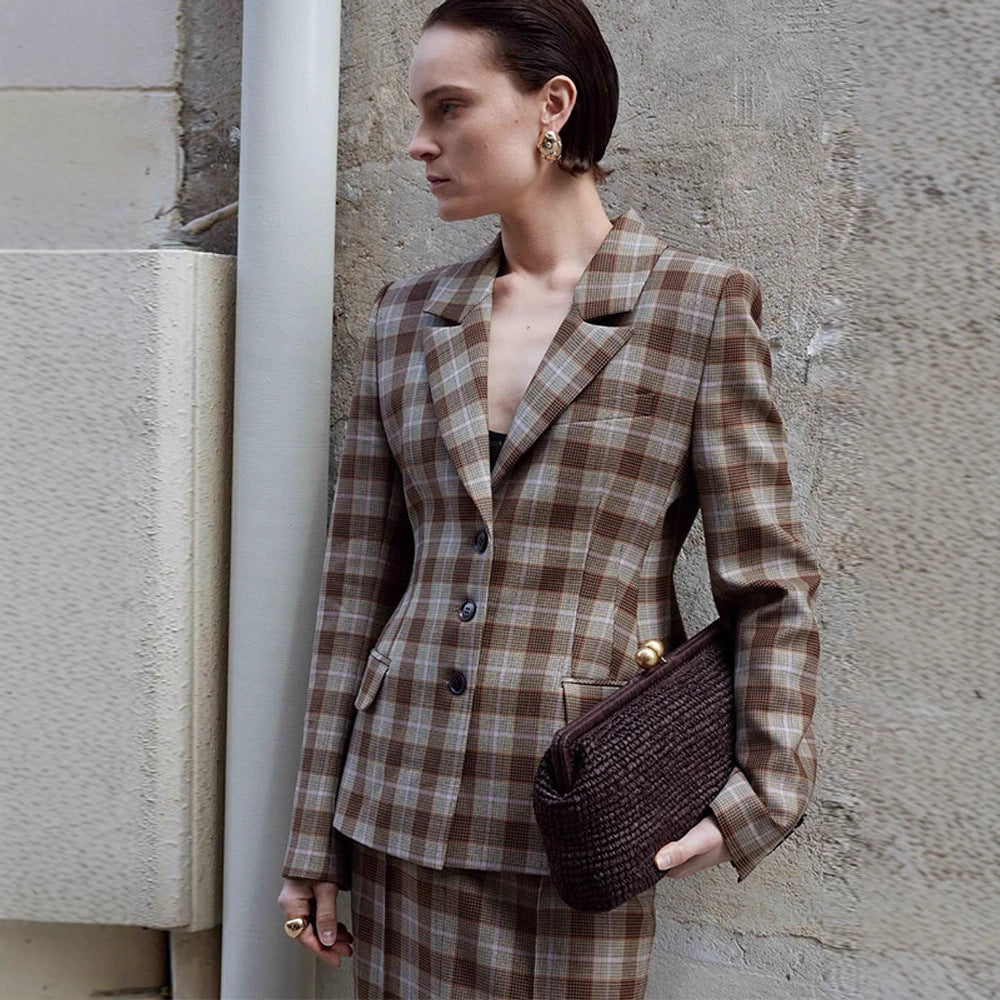 Damen Karo-Blazer und Minirock Set mit taillierter Silhouette und Schößchen Shop Nory