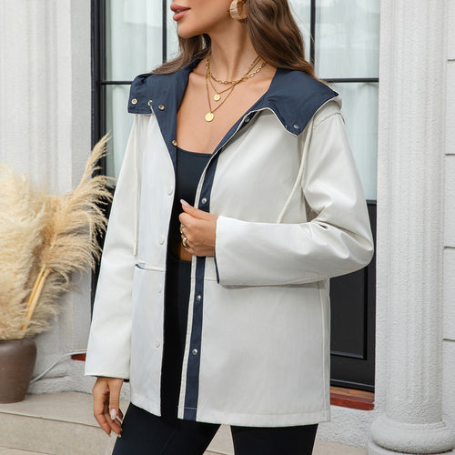 Damen Wasserabweisende Kapuzenjacke mit Druckknopf-Front, Tunnelzug und Eingrifftaschen Shop Nory