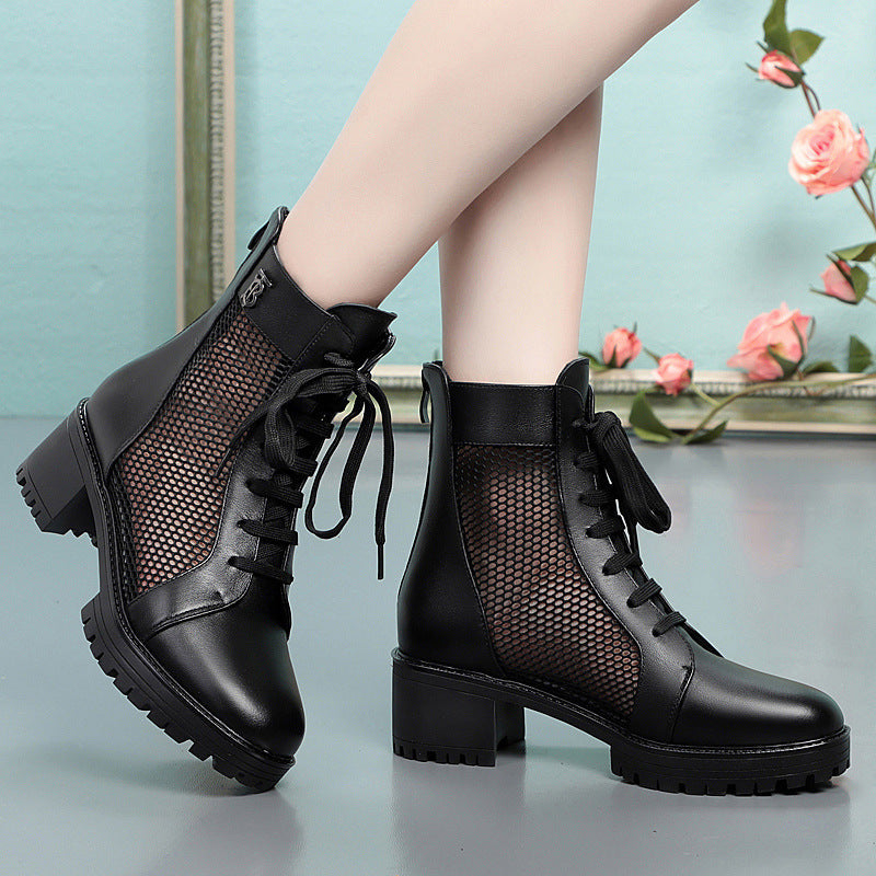 Damen Trendige Schnür-Stiefeletten mit Mesh-Einsatz und robustem Blockabsatz
