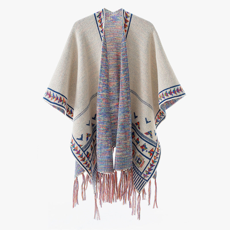Damen Grobstrick-Poncho mit eingewebter Ethno‑Bordüre und Fransen Shop Nory