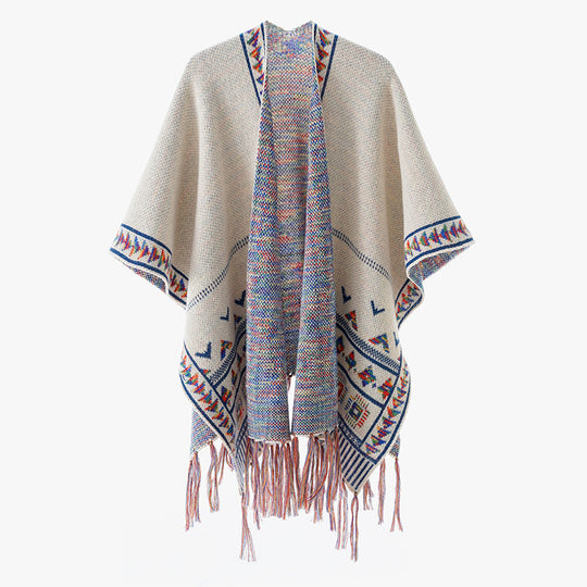 Damen Grobstrick-Poncho mit eingewebter Ethno‑Bordüre und Fransen Shop Nory