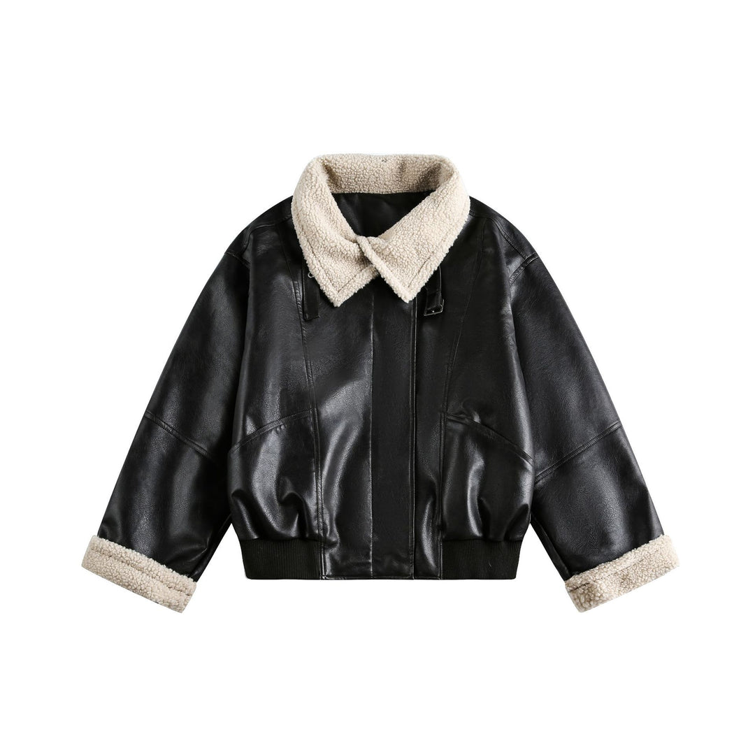 Damen Moderner Aviator-Blouson aus veganem Leder mit Teddykragen und kontrastierten Ärmelumschlägen Shop Nory