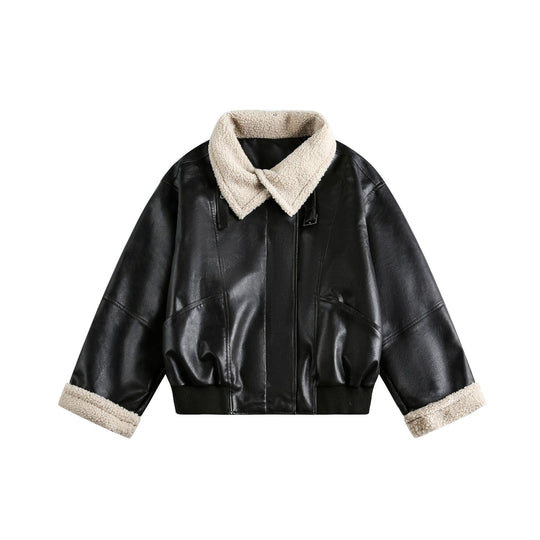 Damen Moderner Aviator-Blouson aus veganem Leder mit Teddykragen und kontrastierten Ärmelumschlägen Shop Nory