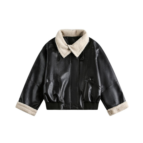 Damen Moderner Aviator-Blouson aus veganem Leder mit Teddykragen und kontrastierten Ärmelumschlägen Shop Nory