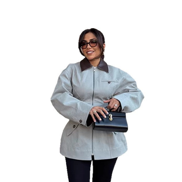 Damen Oversize-Jacke aus Lederoptik mit kontrastierendem Hemdkragen und Reißverschluss Shop Nory