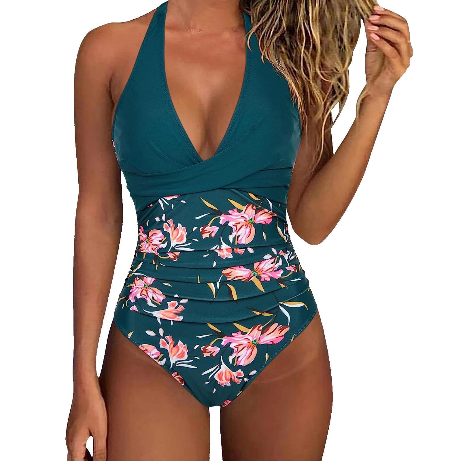 Damen Einteiler Badeanzug mit floralem Wickel-Design und verstellbaren Trägern