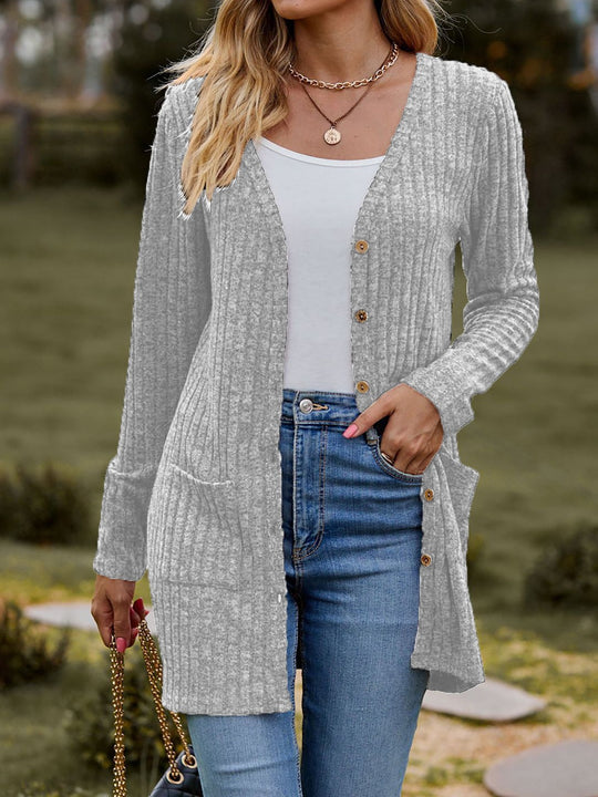 Damen nan langer gerippter Strickcardigan mit Eingrifftaschen und Holzknöpfen Shop Nory