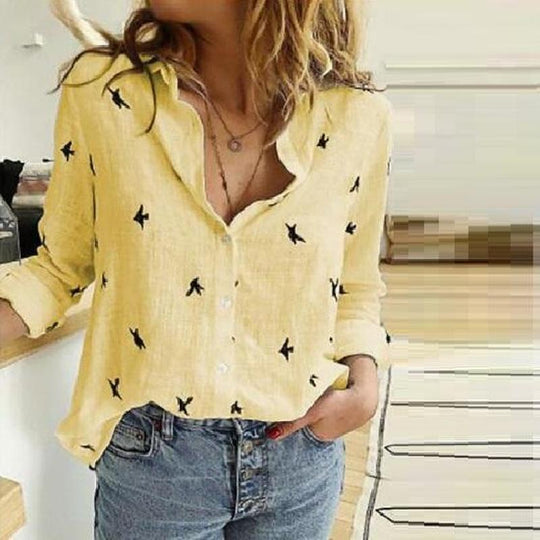 Damen Atmungsaktive Baumwoll‑Leinen Tunika‑Bluse mit Kentkragen, geknöpftem V‑Ausschnitt und gerundetem Saum Shop Nory