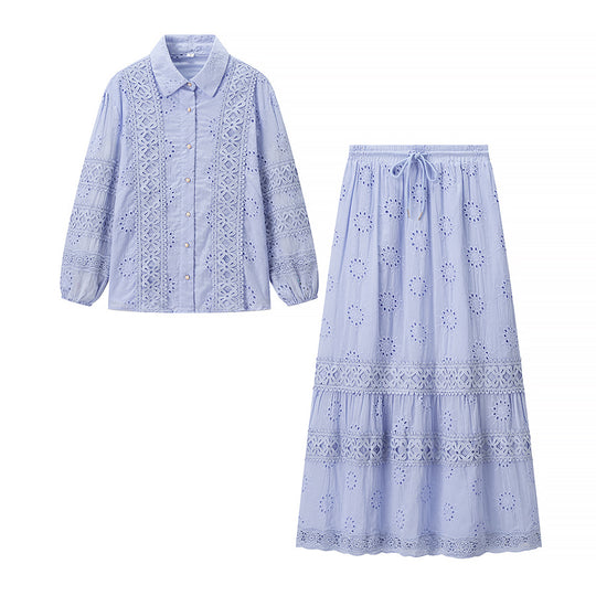 Damen Zweiteiliges Broderie-Anglaise-Set mit Hemdbluse und gestuftem Midirock Shop Nory