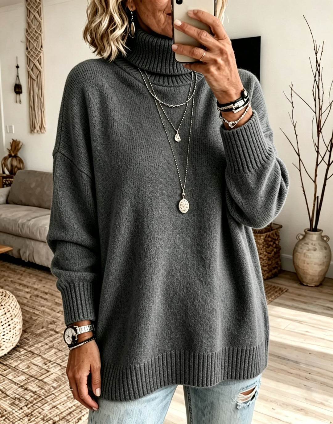 Damen Oversize Rollkragenpullover aus Feinstrick mit gerippten Bündchen und überschnittener Schulter Shop Nory