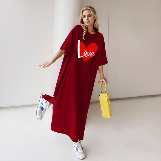 Damen nan locker geschnittenes Maxikleid mit großem Herzgrafikprint und Rundhalsausschnitt Shop Nory