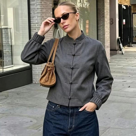 Damen Kurzjacke mit Stehkragen, chinesischen Knotenverschlüssen und elastischen Bündchen Shop Nory