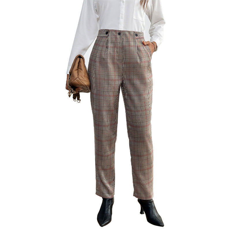 Damen Karierte hochtaillierte Bundfalten-Hose mit geradem Bein Shop Nory