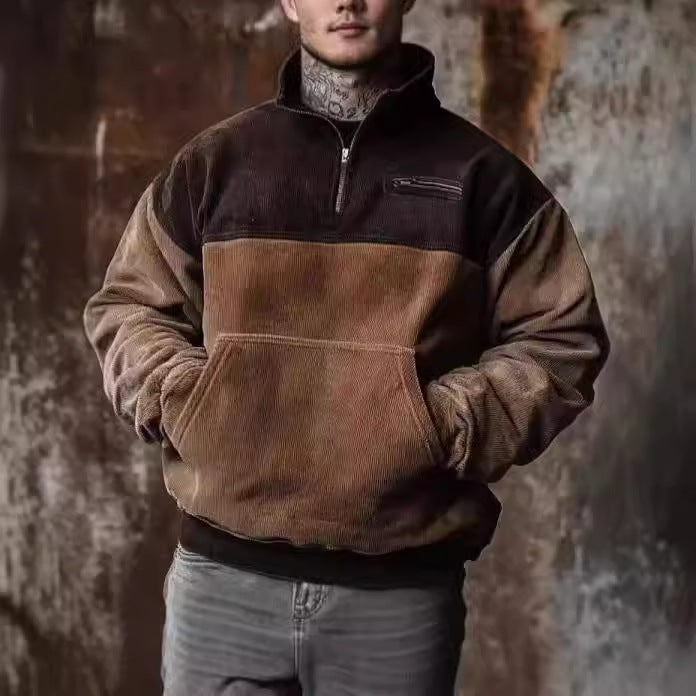 Herren lässiger Stehkragenpullover aus samtigem Material und praktischen Taschen