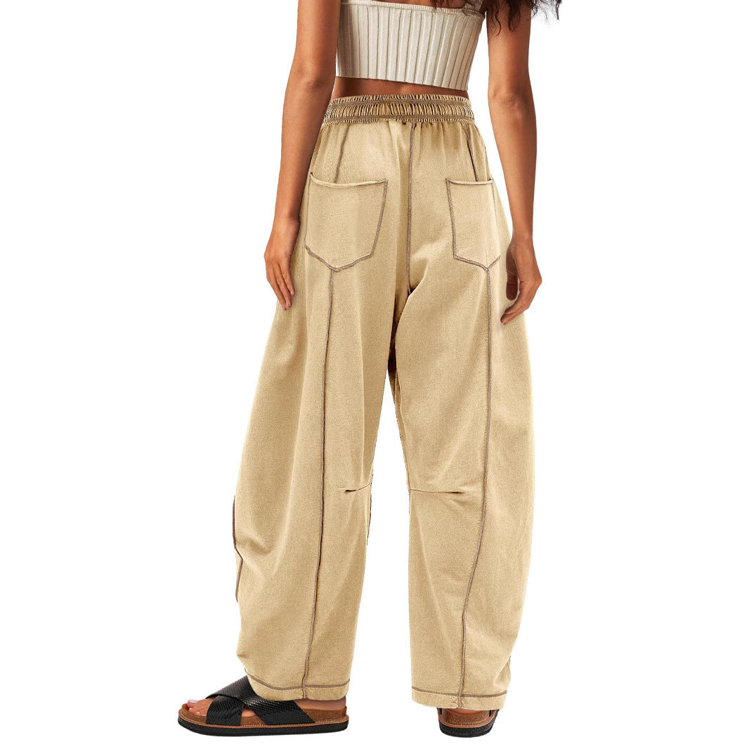 Damen weite Cargo-Loungehose mit elastischem Bund und Kontrastnähten Shop Nory