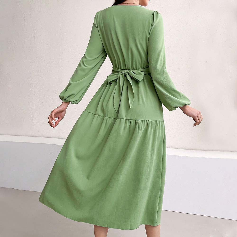 Damen langärmeliges Midikleid mit überkreuztem Drapé-Bustier, elastischer Unterbrustnaht und zweistufigem Stufenrock Shop Nory