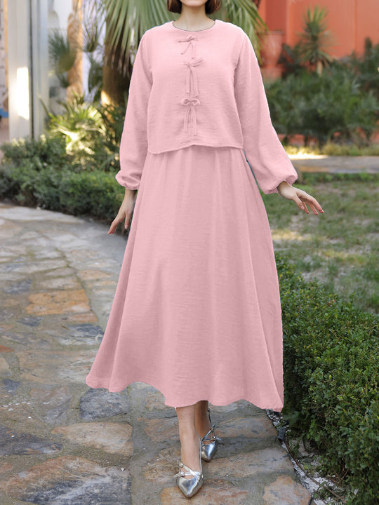 Damen Langes Zweiteiliges Maxikleid mit Überwurf, Rundhals und Zierknoten Shop Nory
