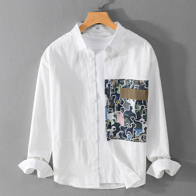 Herren Baumwollhemd mit großem Kunst-Print-Brustpatch und Kentkragen Shop Nory