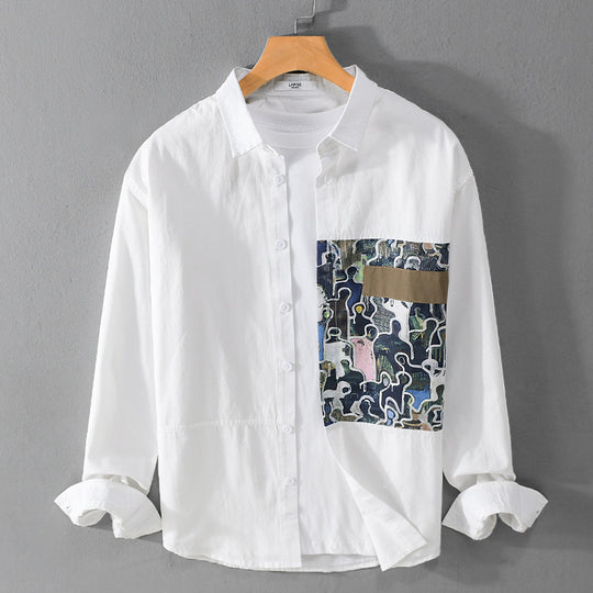 Herren Baumwollhemd mit großem Kunst-Print-Brustpatch und Kentkragen Shop Nory