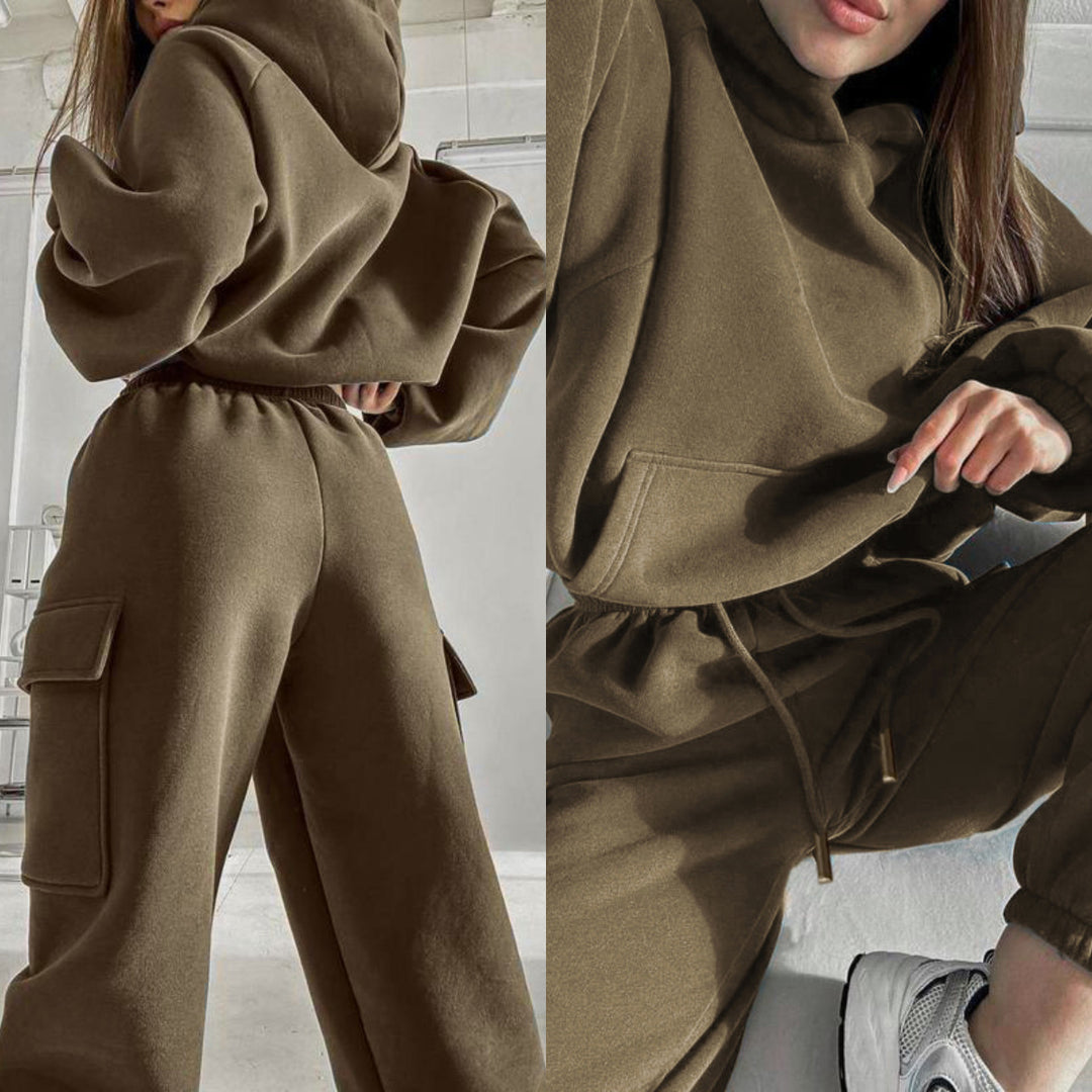 Damen oversized Hoodie mit Kängurutasche und Cargo-Jogginghose Set Shop Nory